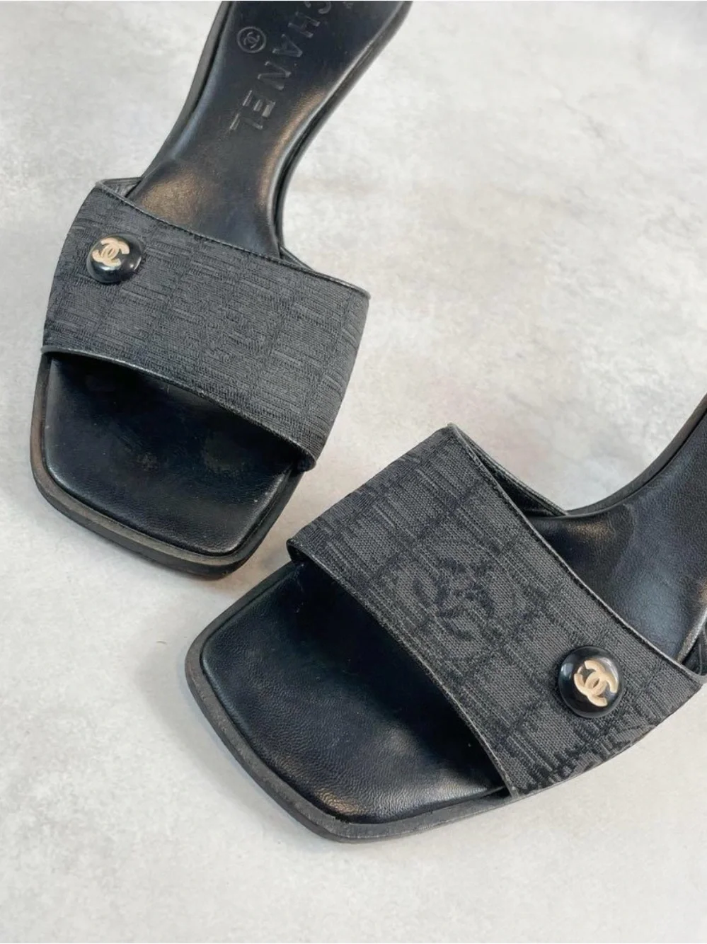 CHANEL Black Heeled Mules Sandals / Size 36.5 / Travel Line COCO / Vintage